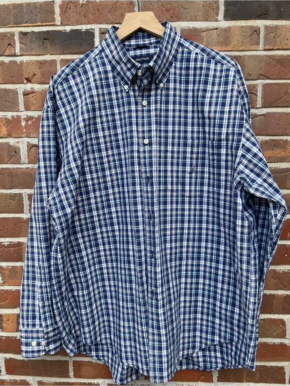 Nautica Men's Navy and White Plaid Button-Down Shirt